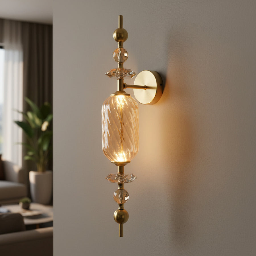 Luxury Amber Glass Integrated LED Wall Light with Crystal Accents – Antique Brass Finish