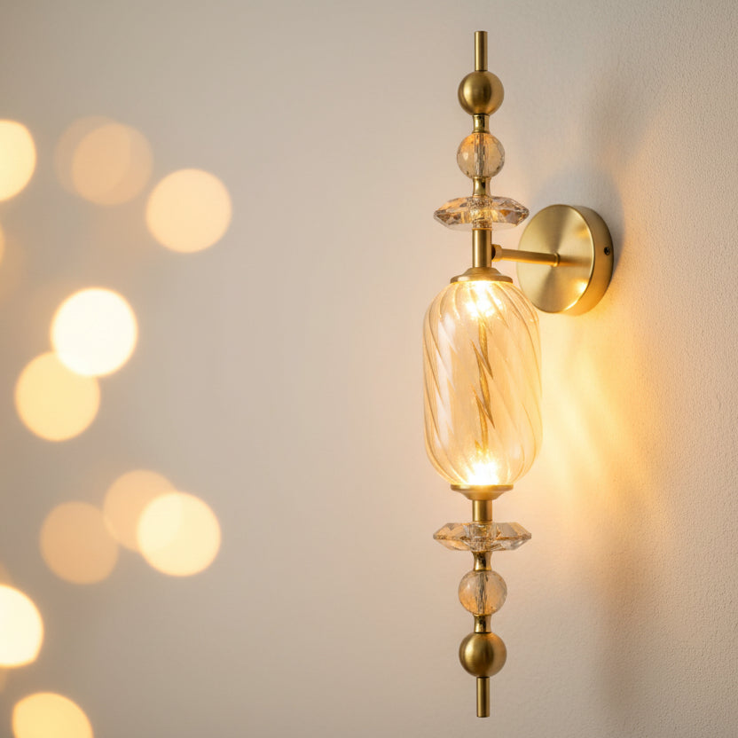 Luxury Amber Glass Integrated LED Wall Light with Crystal Accents – Antique Brass Finish