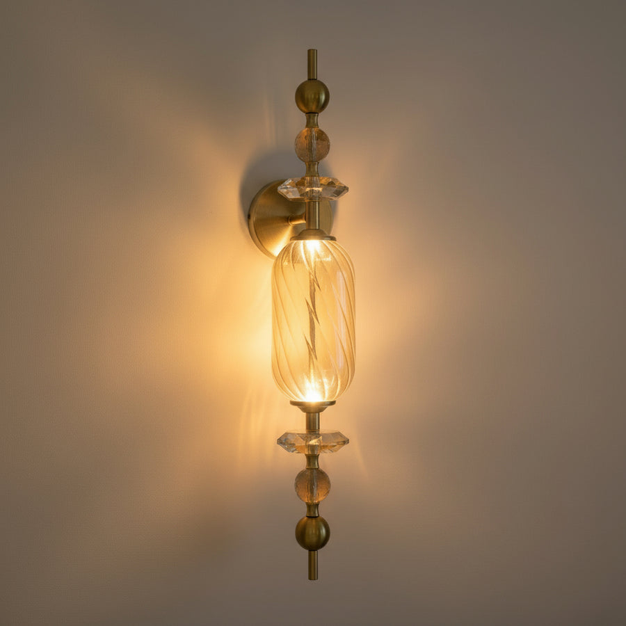 Luxury Amber Glass Integrated LED Wall Light with Crystal Accents – Antique Brass Finish