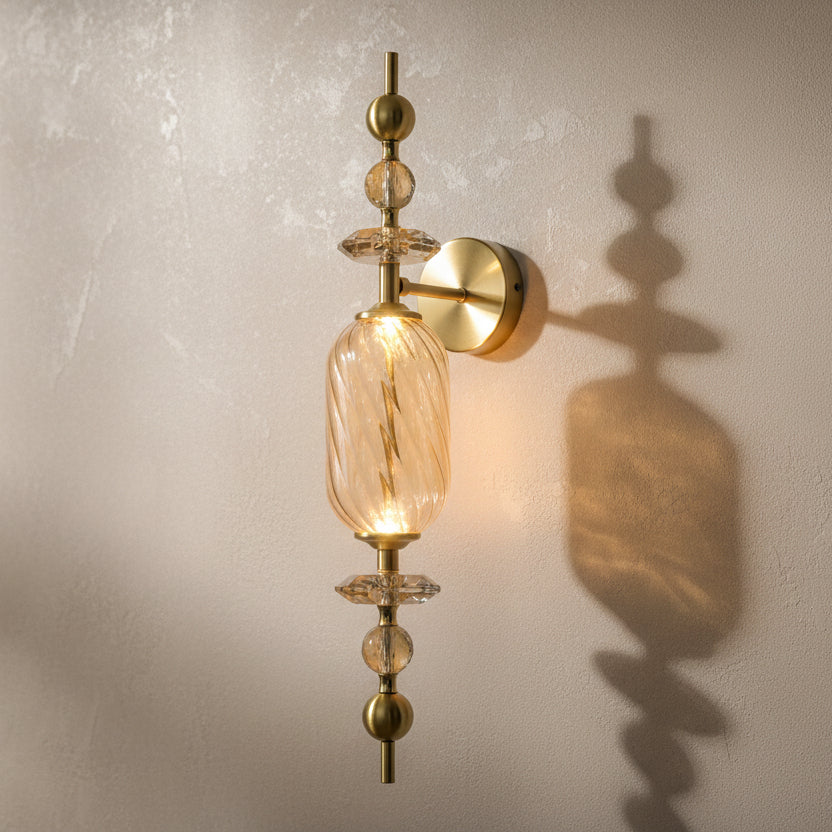 Luxury Amber Glass Integrated LED Wall Light with Crystal Accents – Antique Brass Finish