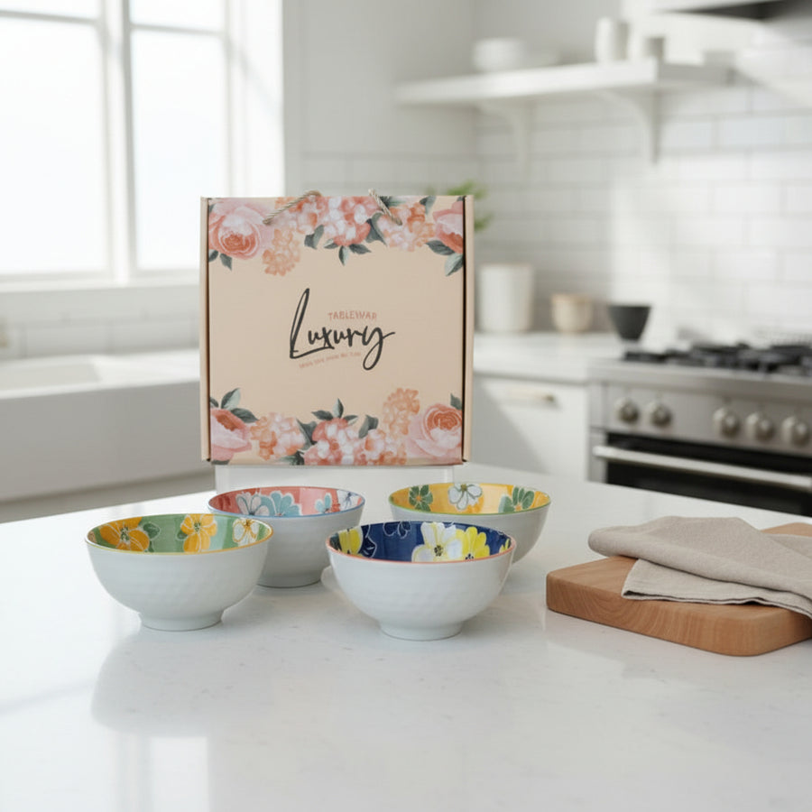 Luxury Ceramic Floral Bowl Set of 4 – Glossy White Exterior with Vibrant Hand-Painted Interior