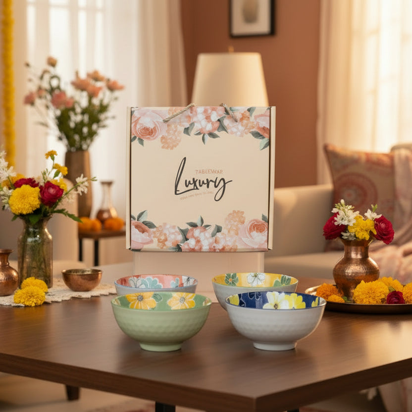 Luxury Ceramic Floral Bowl Set of 4 – Glossy White Exterior with Vibrant Hand-Painted Interior