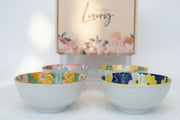 Luxury Ceramic Floral Bowl Set of 4 – Glossy White Exterior with Vibrant Hand-Painted Interior