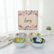 Luxury Ceramic Floral Bowl Set of 4 – Glossy White Exterior with Vibrant Hand-Painted Interior
