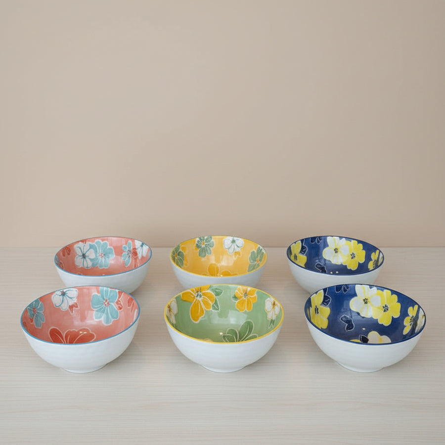 Coral Tree Set of 6 Ceramic Bowls | Hand-Painted Floral Design