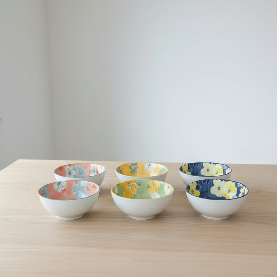 Coral Tree Set of 6 Ceramic Bowls | Hand-Painted Floral Design