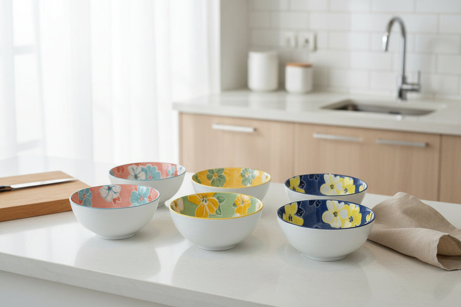 Coral Tree Set of 6 Ceramic Bowls | Hand-Painted Floral Design