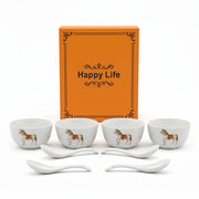 Ceramic Soup Bowl Set with Spoons | 4 Bowls & 4 Soup Spoons | Horse Print Design
