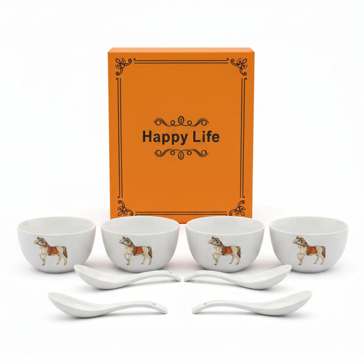 Ceramic Soup Bowl Set with Spoons | 4 Bowls & 4 Soup Spoons | Horse Print Design