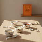 Ceramic Soup Bowl Set with Spoons | 4 Bowls & 4 Soup Spoons | Horse Print Design