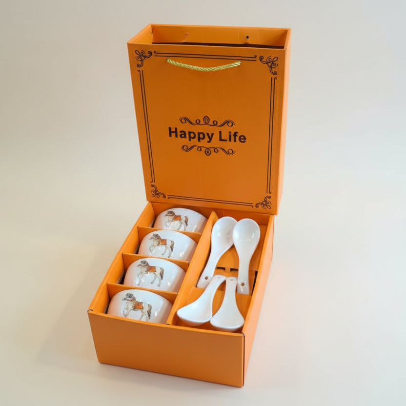 Ceramic Soup Bowl Set with Spoons | 4 Bowls & 4 Soup Spoons | Horse Print Design