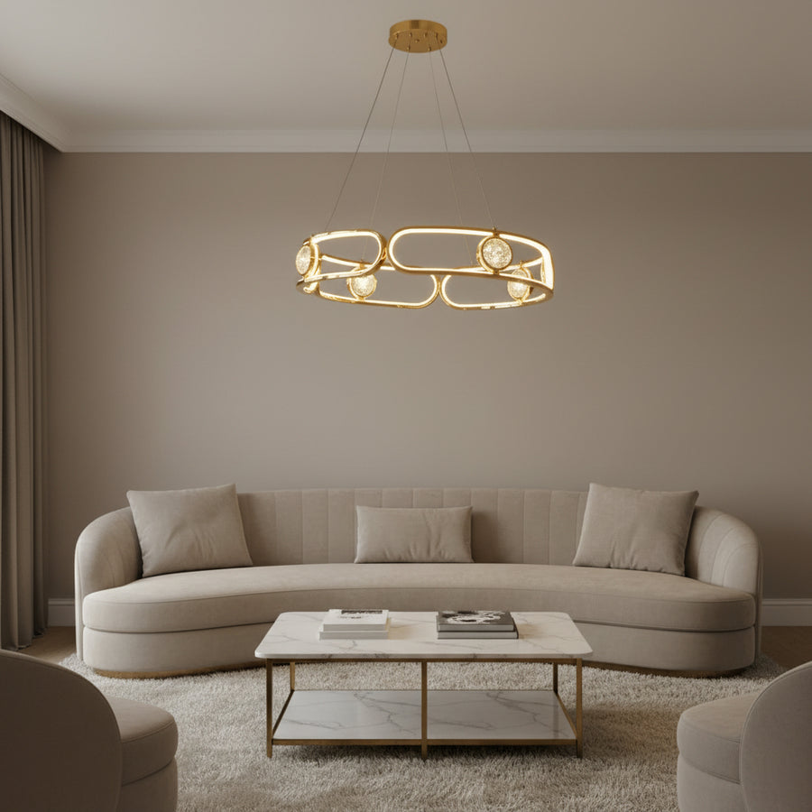 Modern Gold LED Ring Chandelier | Adjustable 80 cm Hanging Ceiling Light with Crystal Accents