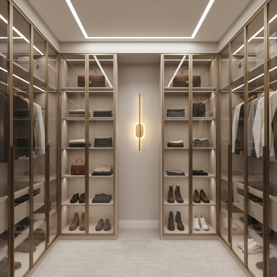 Modern Dual LED Mirror Wall Light | Champagne Gold Linear Halo Fixture