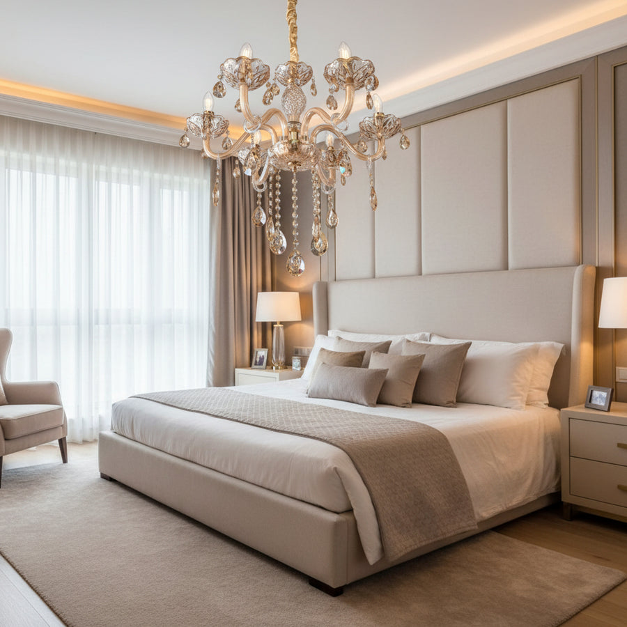 Luxury Champagne Glass Crystal Chandelier | Elegant 6-Arm Ceiling Hanging Light with Sparkling Crystal Droplets