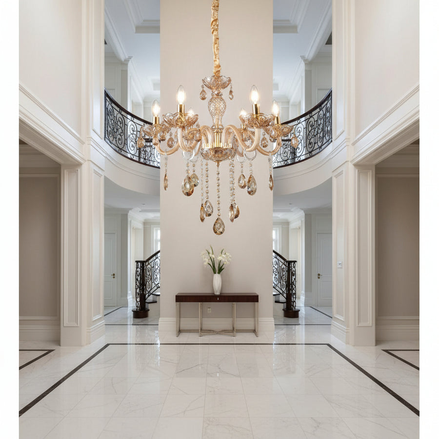 Luxury Champagne Glass Crystal Chandelier | Elegant 6-Arm Ceiling Hanging Light with Sparkling Crystal Droplets