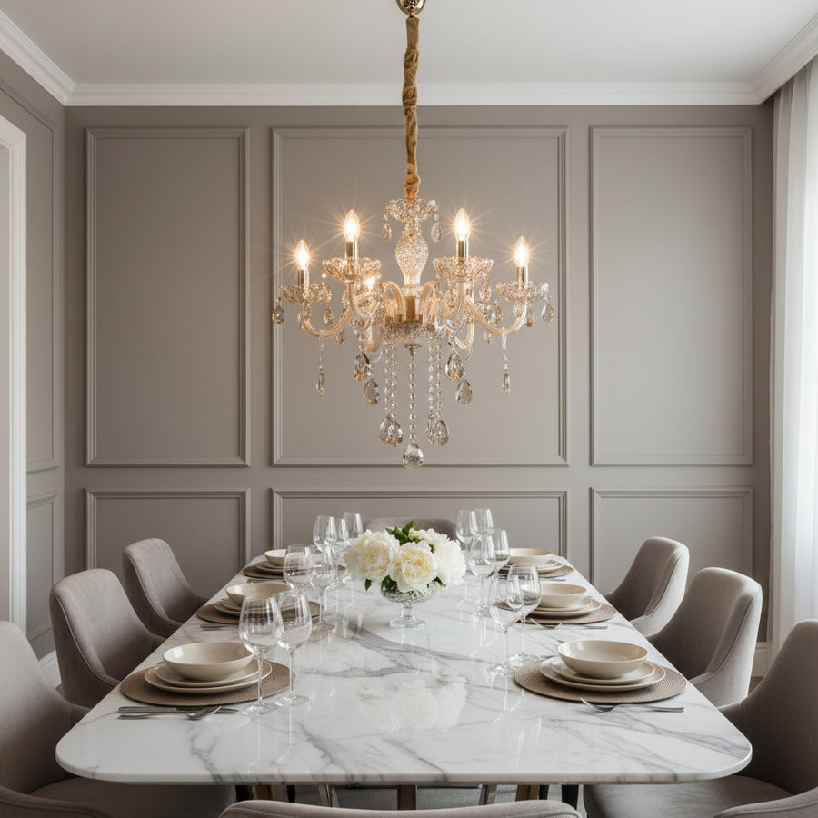 Luxury Champagne Glass Crystal Chandelier | Elegant 6-Arm Ceiling Hanging Light with Sparkling Crystal Droplets