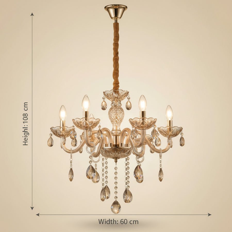 Luxury Champagne Glass Crystal Chandelier | Elegant 6-Arm Ceiling Hanging Light with Sparkling Crystal Droplets