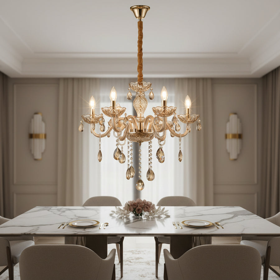 Luxury Champagne Glass Crystal Chandelier | Elegant 6-Arm Ceiling Hanging Light with Sparkling Crystal Droplets