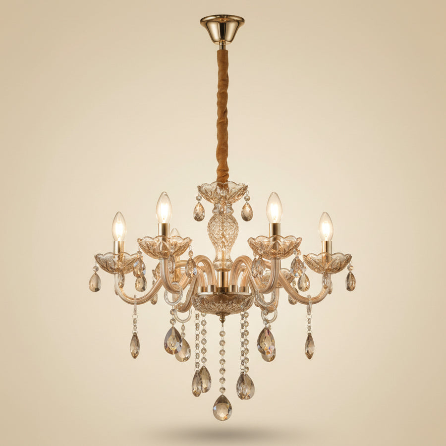 Luxury Champagne Glass Crystal Chandelier | Elegant 6-Arm Ceiling Hanging Light with Sparkling Crystal Droplets