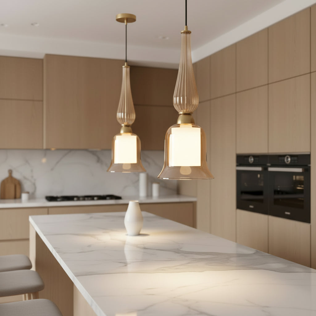 Amber Glass Pendant Light with Inner Cylindrical Diffuser | Champagne Gold Hanging Ceiling Lamp