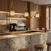 Amber Glass Pendant Light with Inner Cylindrical Diffuser | Champagne Gold Hanging Ceiling Lamp