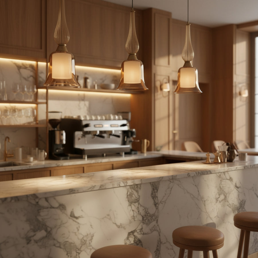 Amber Glass Pendant Light with Inner Cylindrical Diffuser | Champagne Gold Hanging Ceiling Lamp