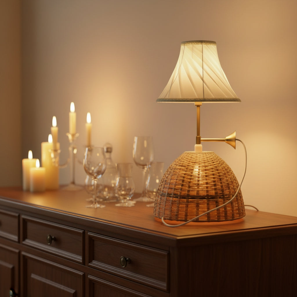 Dual-Light Rattan & Fabric Table Lamp with Brass Accent – 52 cm