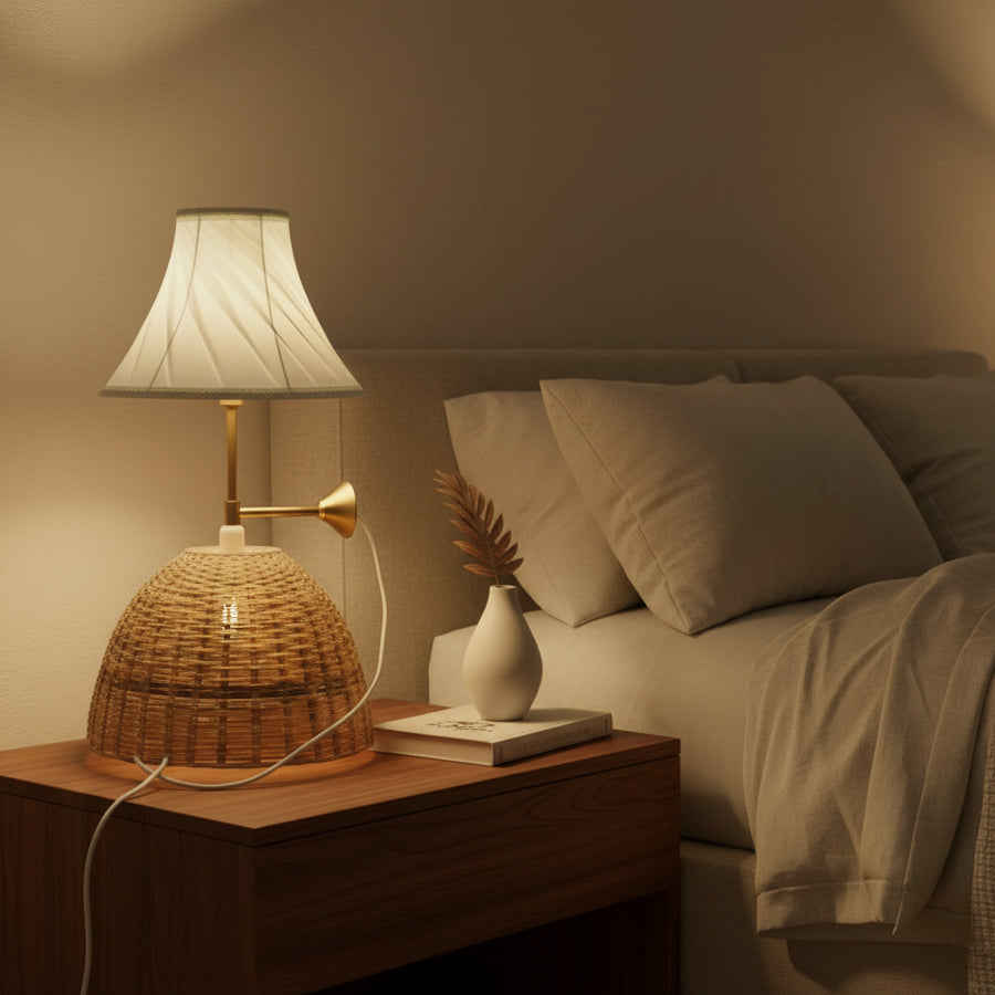 Dual-Light Rattan & Fabric Table Lamp with Brass Accent – 52 cm