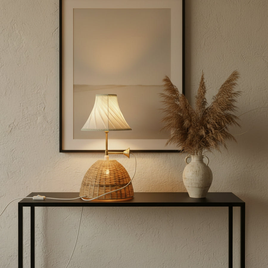 Dual-Light Rattan & Fabric Table Lamp with Brass Accent – 52 cm