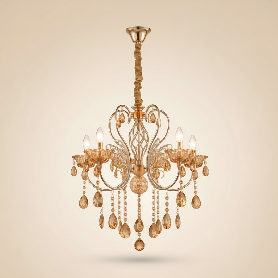Luxury 5-Arm Crystal Chandelier | Gold Finish Ceiling Light | E14 Decorative Hanging Lamp for Living Room & Dining