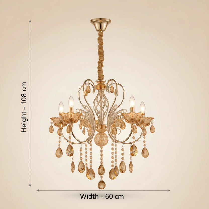 Luxury 5-Arm Crystal Chandelier | Gold Finish Ceiling Light | E14 Decorative Hanging Lamp for Living Room & Dining