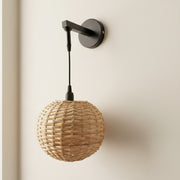 Handwoven Round Rattan Wall Light with Adjustable Drop Rod | Natural Wicker Wall Lamp | Matte Black Metal Arm