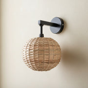 Handwoven Rattan Wall Lamp with Black Metal Arm | Warm Ambient Wall Light | Natural Boho Decor | H25 x D25 x W22 cm