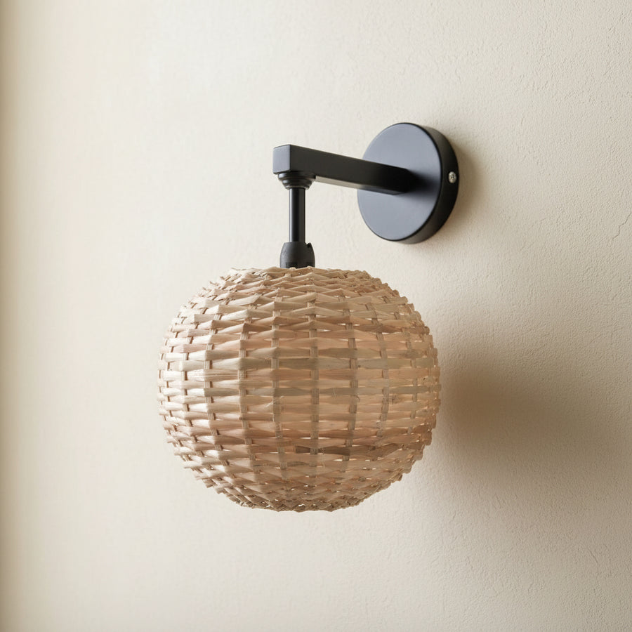 Handwoven Rattan Wall Lamp with Black Metal Arm | Warm Ambient Wall Light | Natural Boho Decor | H25 x D25 x W22 cm