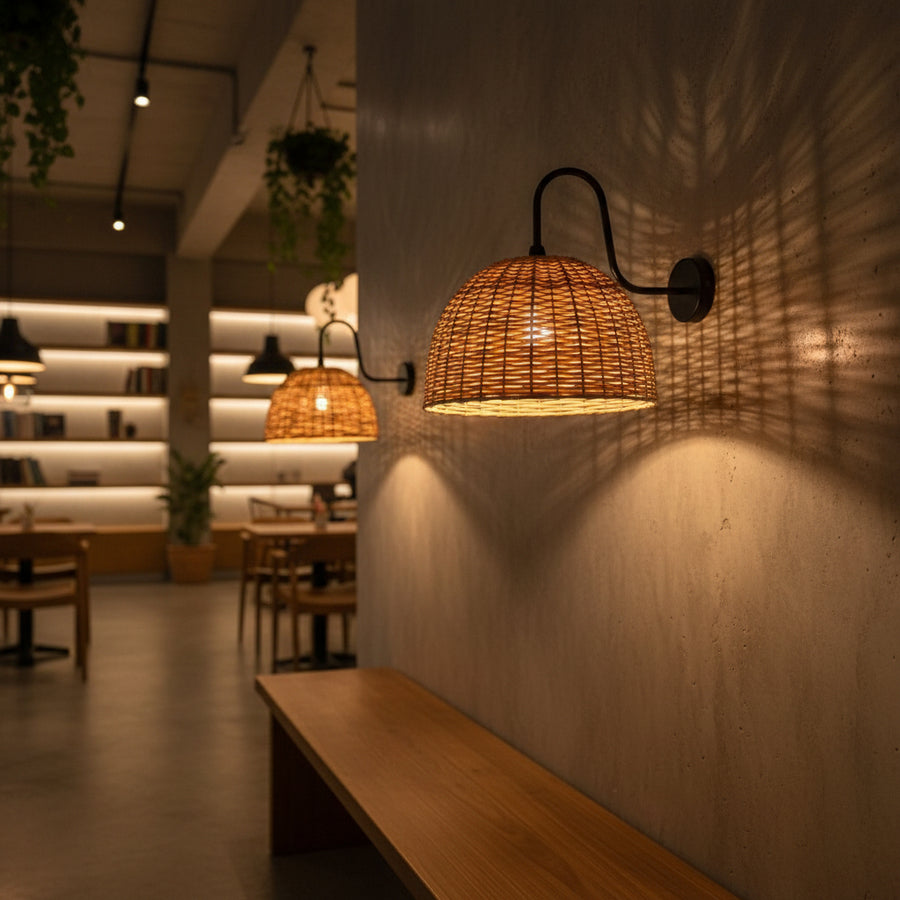 Handwoven Rattan Dome Wall Light – Wide Natural Beige Shade with Matte Black Arm