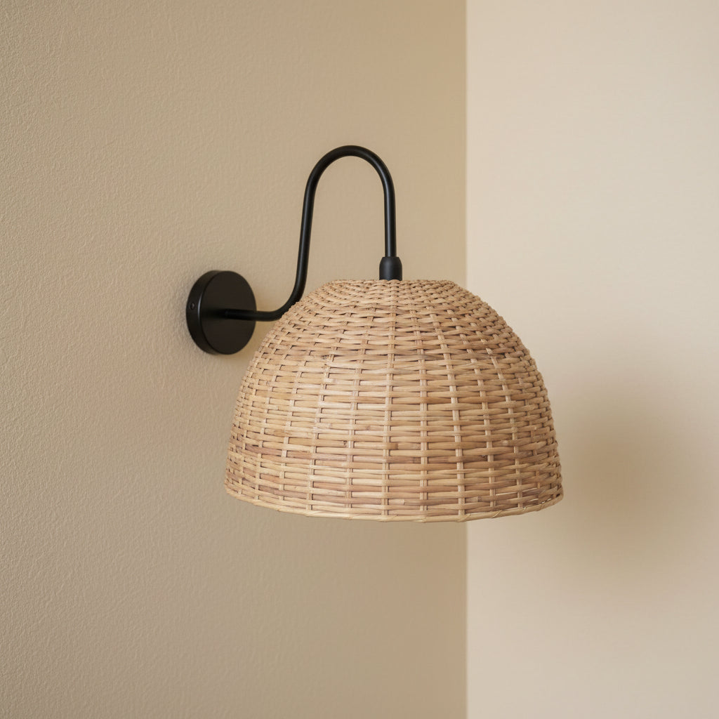 Handwoven Rattan Dome Wall Light – Wide Natural Beige Shade with Matte Black Arm