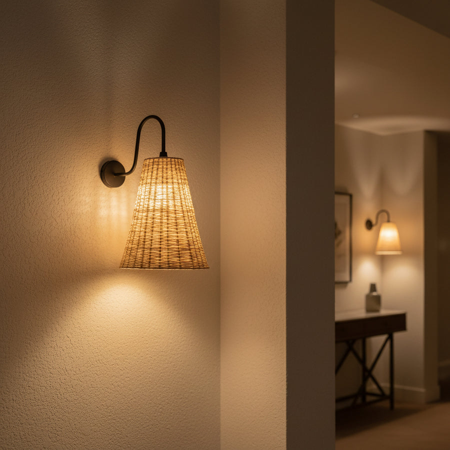 Handwoven Rattan Wall Light with Matte Black Arm – Warm Ambient Sconce