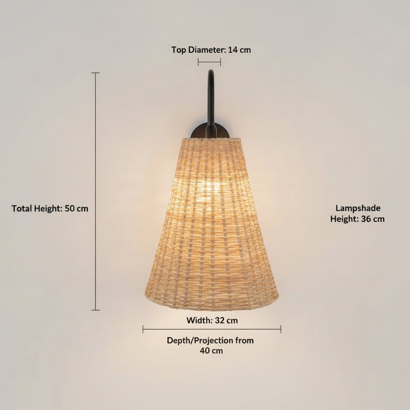Handwoven Rattan Wall Light with Matte Black Arm – Warm Ambient Sconce