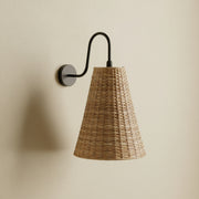 Handwoven Rattan Wall Light with Matte Black Arm – Warm Ambient Sconce