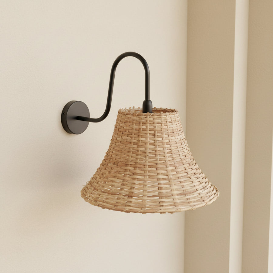 Handwoven Rattan Wall Light with Matte Black Arm | Natural Beige Shade | E14 Holder | 39 cm Height