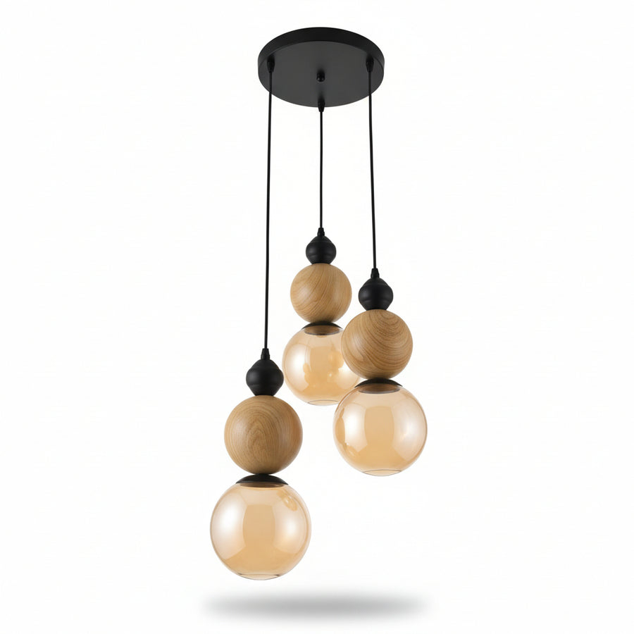 Modern Adjustable Wooden & Amber Glass 3-Light Pendant Lamp (Up to 100 CM Height)