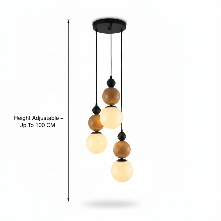 Modern Adjustable Wooden & Amber Glass 3-Light Pendant Lamp (Up to 100 CM Height)