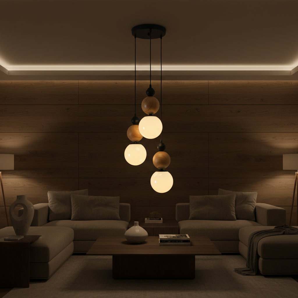Modern Adjustable Wooden & Amber Glass 3-Light Pendant Lamp (Up to 100 CM Height)