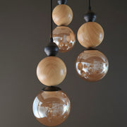 Modern Adjustable Wooden & Amber Glass 3-Light Pendant Lamp (Up to 100 CM Height)