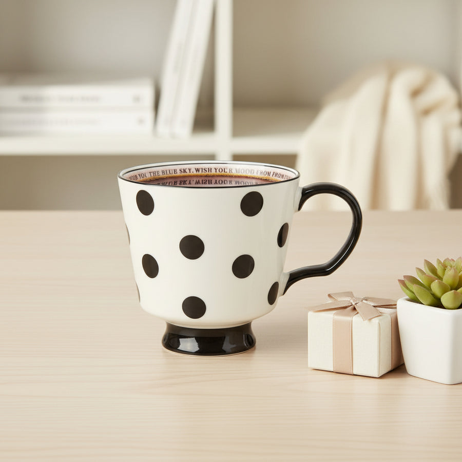 Polka Dot Ceramic Coffee Mug –Stylish Black & White Tea Cup with Handle
