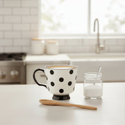 Polka Dot Ceramic Coffee Mug –Stylish Black & White Tea Cup with Handle
