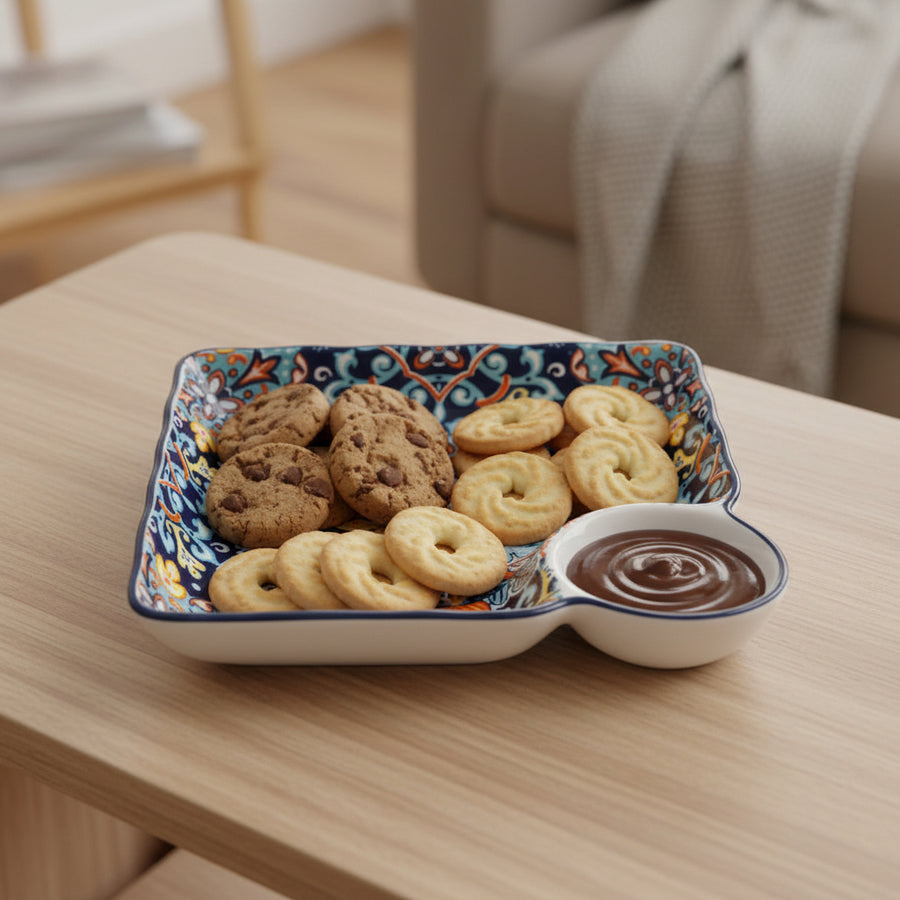 Premium Ceramic Snack Plate with Dip Bowl – 24 x 24 cm Square Serving Dish
