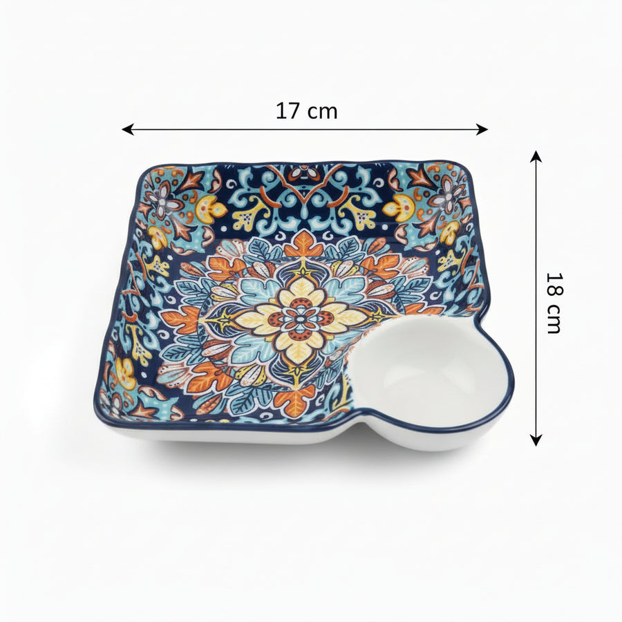 Premium Ceramic Snack Plate with Dip Bowl – 24 x 24 cm Square Serving Dish