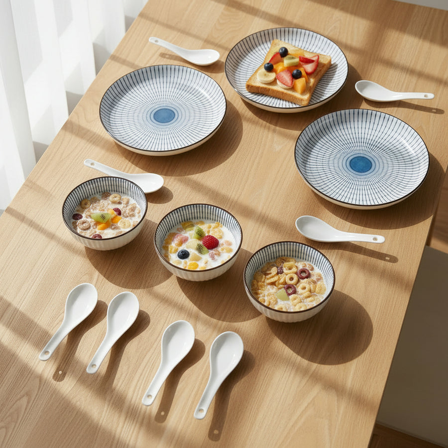 10 piece Ceramic Dinnerware Set -Elegant Blue & White Design