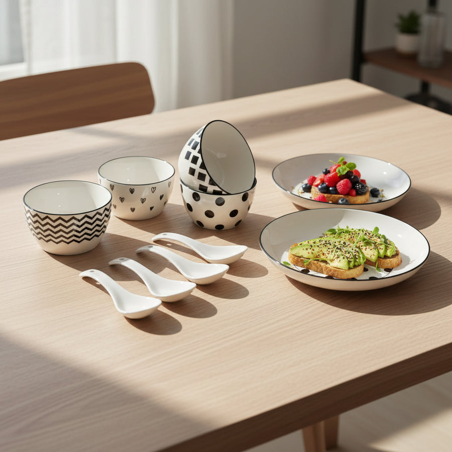 Classic Black & White Ceramic Soup Bowl Set – 4 Bowls, 2 Large Serving Bowls & 4 Soup Spoons